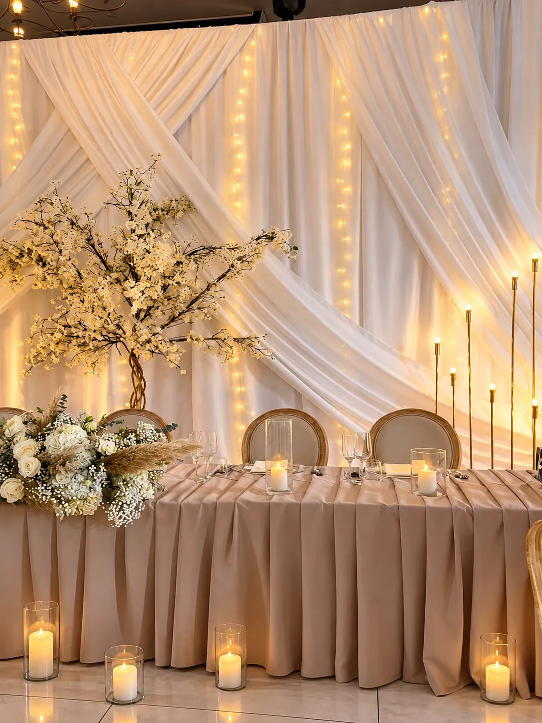 svadobná výzdoba, výzdoba na svadbu, cappuccino obrusy, čerešňové stromy, draping wall