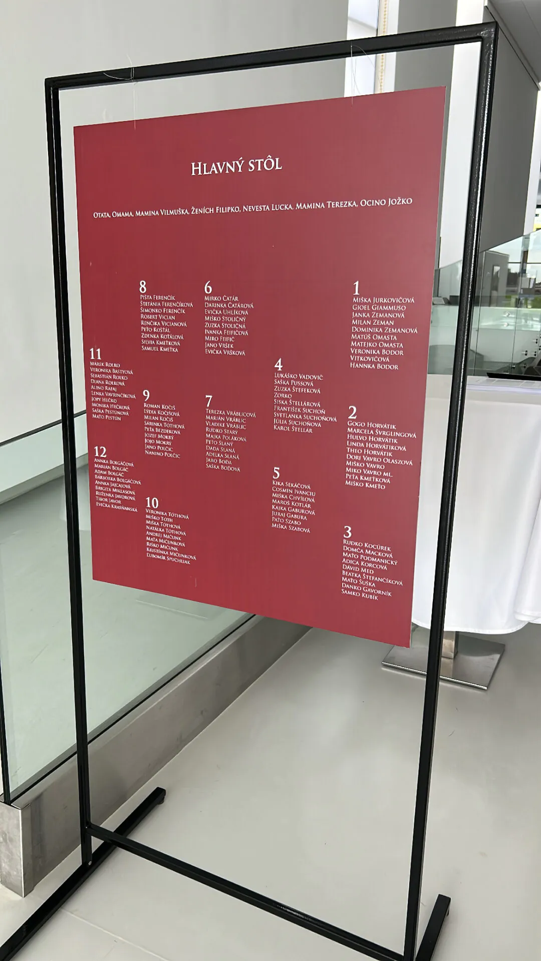 Čierny stojan na zasadací poriadok na svadbu