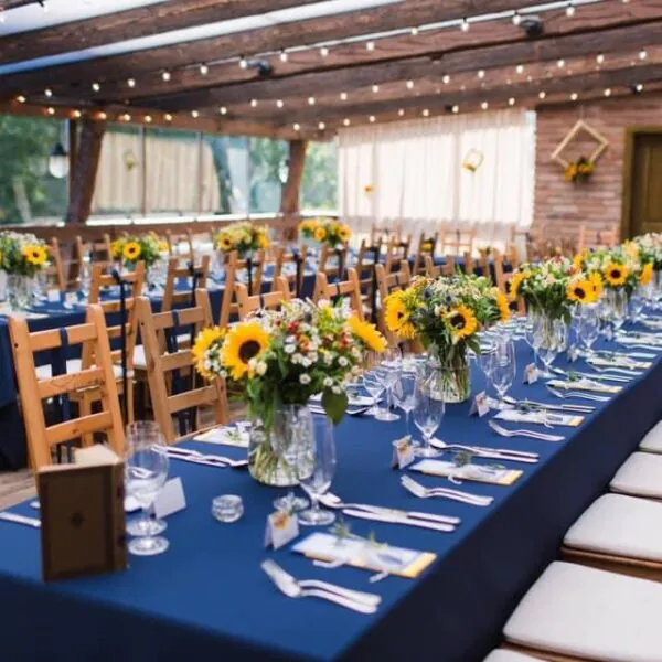 Svadobná výzdoba s modrým obrusom